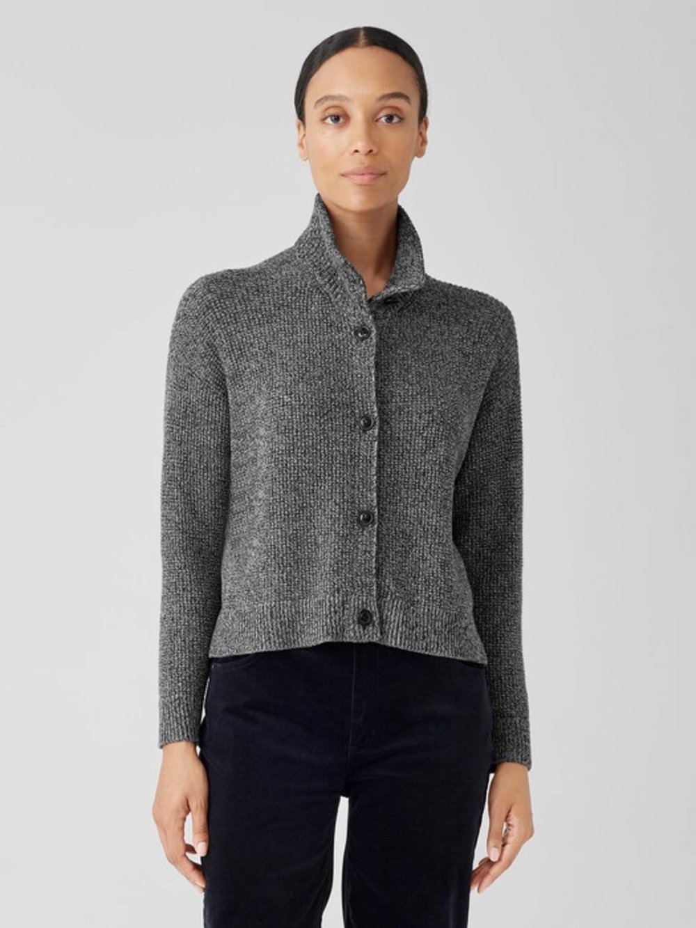 EILEEN FISHER Peruvian Organic Cotton High Collar Sweater Knit Cardigan Boxy L - Picture 4 of 11